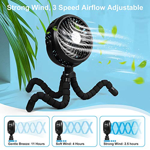 [2020 Upgraded] WGCC Personal Handheld Fan, 2600mAh 12 LEDs Clip On Tripod Fan Stroller Fan for Bedroom, Car Seat Camping with 3 Speeds and 360°Rotation - Thumbnail 6