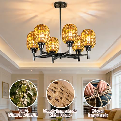 Image of 3 Pack Rattan Lamp Shades Boho Hanging Light Lamp Shades, Woven LampShades for Floor Lamps Rattan Pendant Lights Boho Lamp Ceiling Light, Table Lamps, Plug in Pendant Light