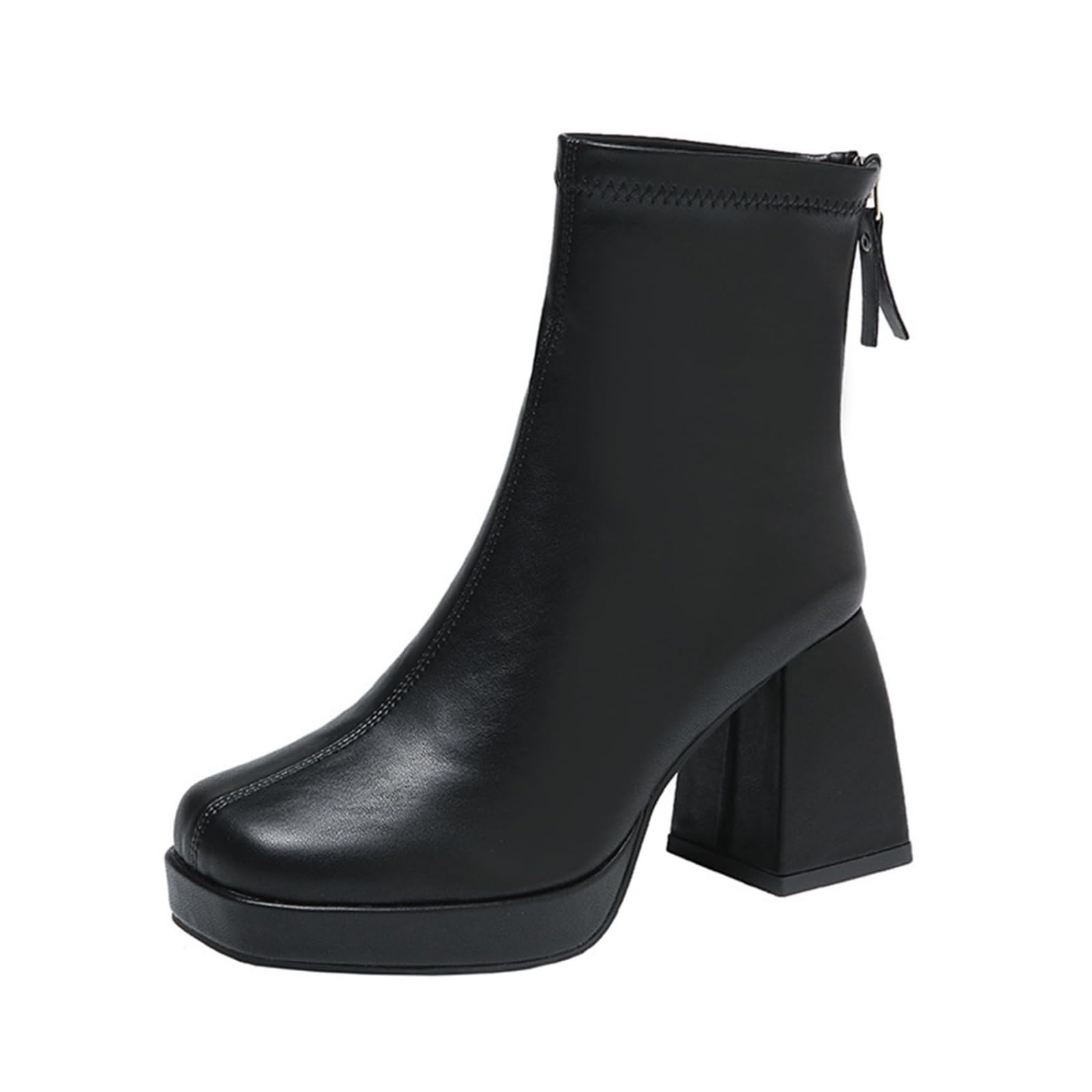 Womens Square Toe Ankle Boots Chunky Block Heel Back Zipper Booties Comfortable Anti-Slip Platform Faux Leather Boots Fall
