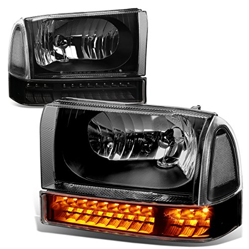 Pair of Black Clear Corner Headlight + Bumper + LED Turn Signal Light Compatible with 99-04 Ford F-250 F-350 Super Duty