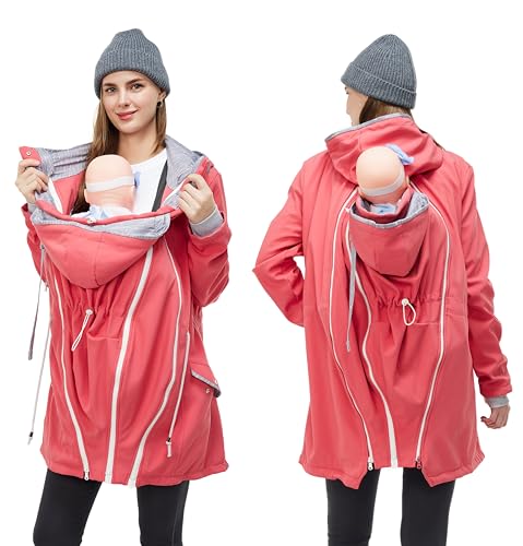 MaisMa 4-in-1 Rain Jacket Waterproof Maternity Parka for Back or Chest Wear, All-Weather, Softshell Jacket (Coral, XL)