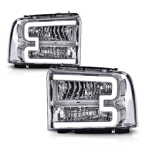 Image of GRAND ORANGE LED DRL Headlights Assembly Compatible with 2005-2007 Ford F250 F350 F450 F550 Super Duty Fit 2005 Ford Excursion Clear Lens Chrome Housing Clear Reflector