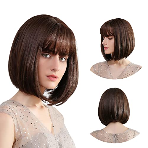 Brown Bob Wig with Synthetic Hair Bangs, Short Straight Style for Cosplay Daily Party, and Carnival