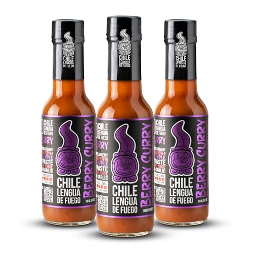 Image of Chile Lengua de Fuego Berry Curry - Mango, Berry & Thai Curry Hot Sauce, Sweet Heat, Medium, 5 oz Bottle (Pack of 3)