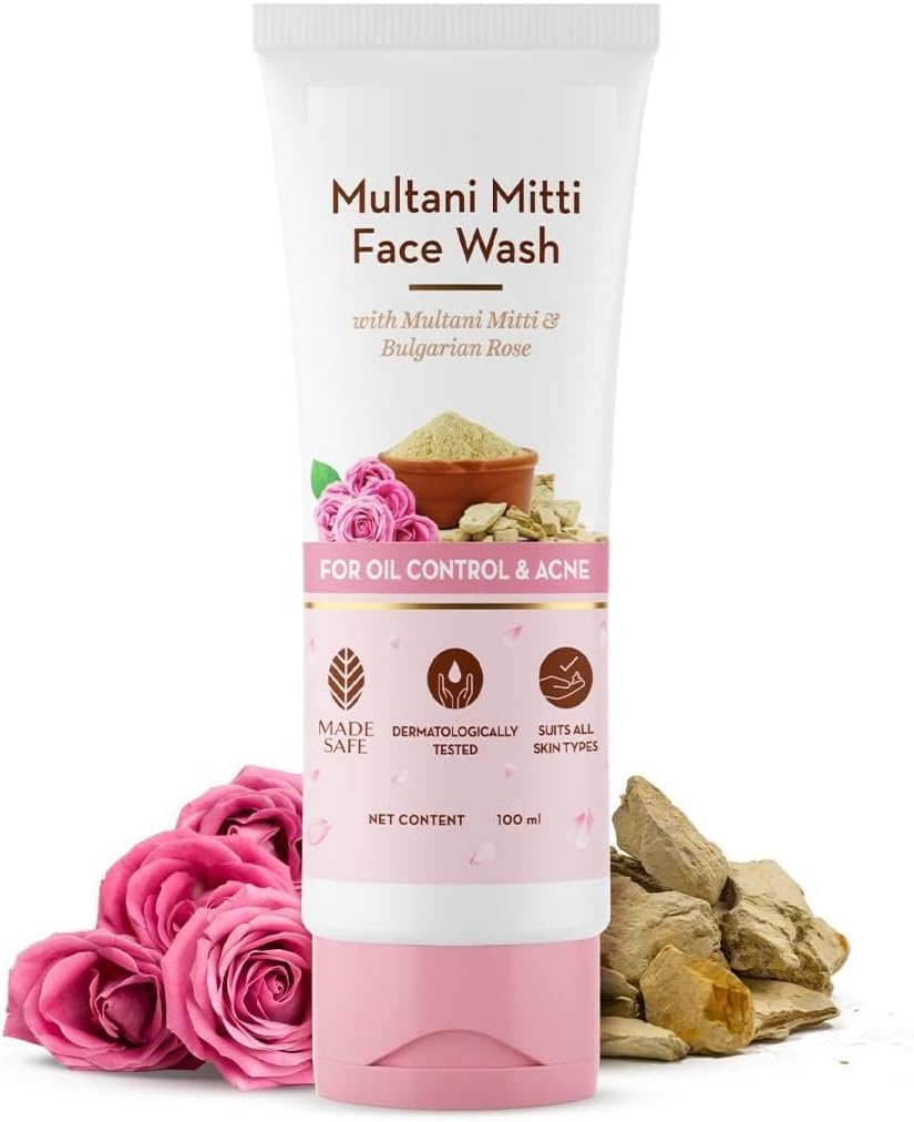 DK Multani Mitti Detergente per il viso con Multani Mitti & Rosa Bulgara per il controllo dell'olio e l'acne, 100 ml, adatto a tutti i tipi di pelle, idratante e delicato, senza parabeni, senza