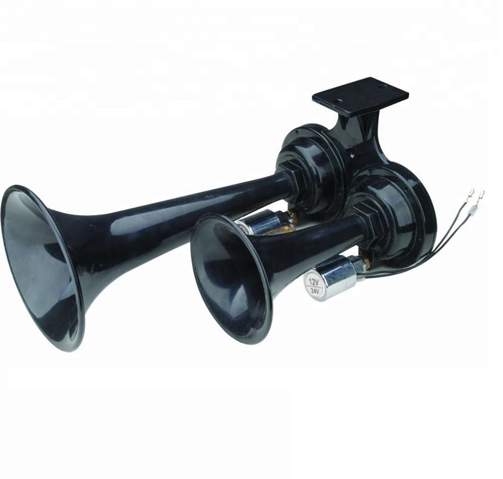 Klaxon à Air Double Trompe Noir 12V 24V 170dB Supert Fort Pneumatique Pour Camion Train TGV Bateau Tracteur