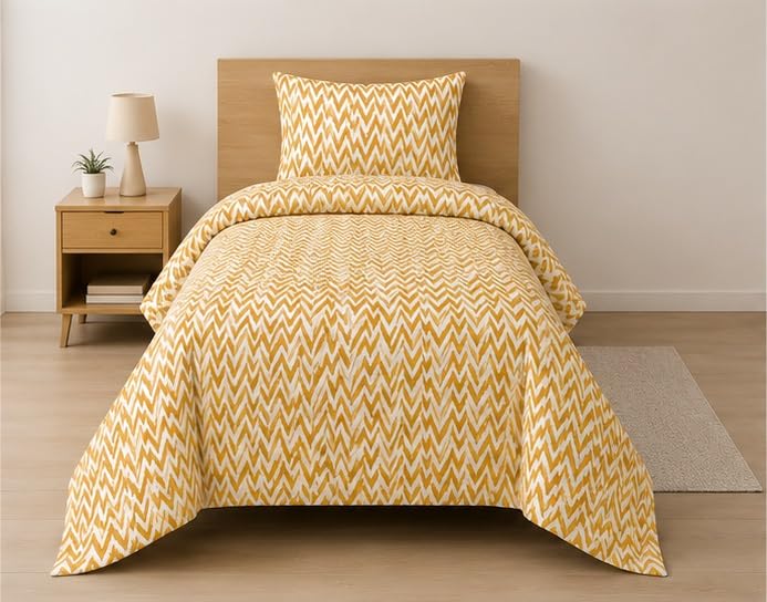 Image of 210 TC Glace Cotton Soft Cotton Zig Zag Design Flat Queen Size 60x90 inches Bedsheet Set - Lightweight & Durable 1 Bed Sheet with 1 Pillowcase 17x27 inches Yellow