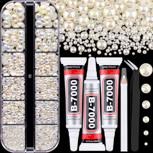 Image of Flatback Pearls for Crafting with 3Pcs 10ml B7000 Jewelry Glue, 1 Box of Half Round Beige AB Pearls, Bedazzling Beads for DIY Crafts Clothing Tumblers Shoes Embellishment Nail Art