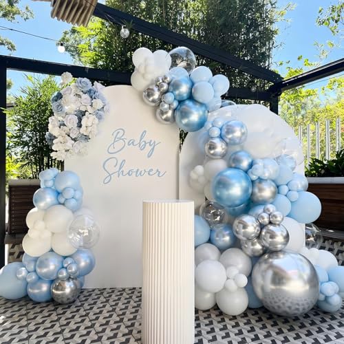 Image of Blue and White Balloons, 12 Inch Baby Pastel Light Blue White Metallic Silver and Clear Latex Balloons for Boy Baby Shower Birthday Bridal Wedding Graduation Wonderland Winter Holiday Party Decoration