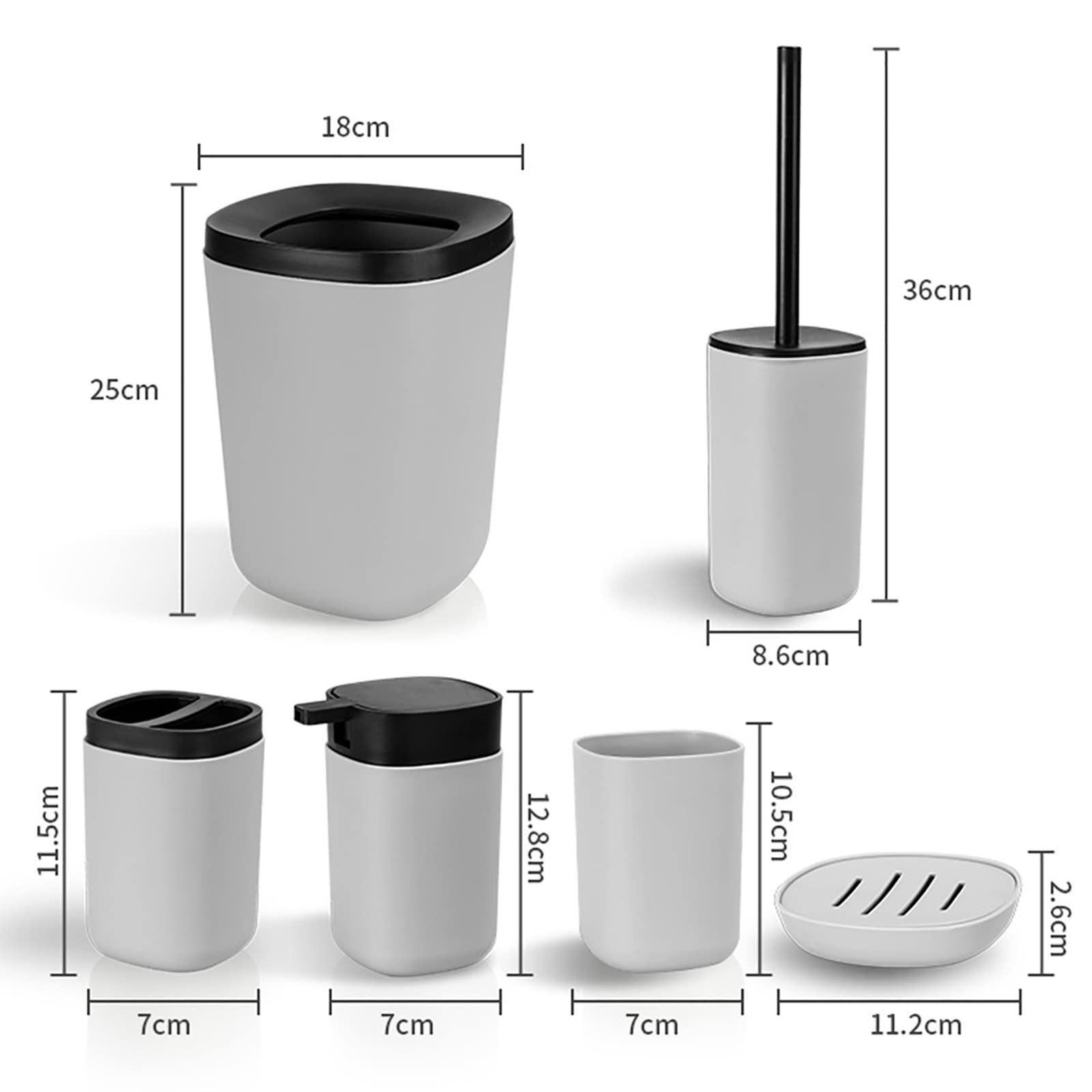 Juegos de Accesorios de baño, 6 Piezas Acesorios Cuartos de Baño Simple con Escobillas de Baño Cubo de Basura Dispensador Jabon Baño Jabonera Baño, Porta Cepillo de Dientes Gris
