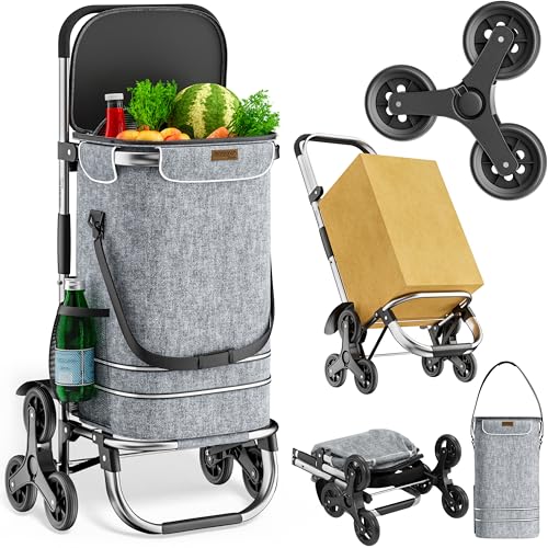MONZANA® Chariot de courses gris merle 56 litres 3 en 1 pliable compartiment isotherme 6 roues bandes réfléchissantes