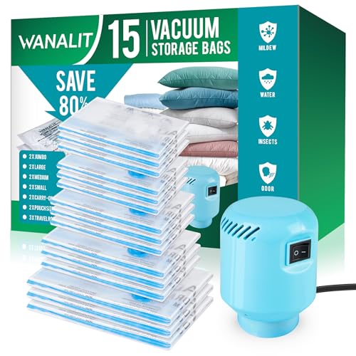 Vacuum Storage Bags with Electric Air Pump, New Air Valve Combo 15 Pack Compression Bag, Space Saving Vacuum Sealer Bags for Clothes, Blanket, Duvets, Pillows, Comforters, Travel, Two Compressing Ways by WANALIT - Used condition - CA$29.18