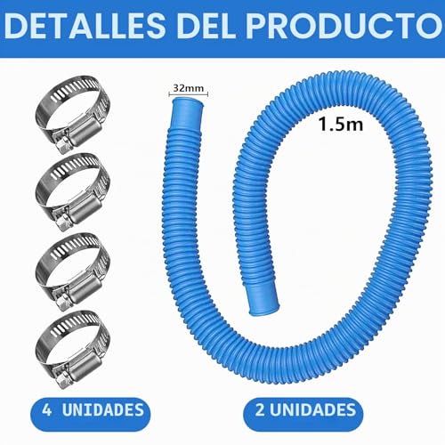 Miniatura 2 de Tubo De Piscina De 32 Mm 2 Piezas De Tubos De Piscina Para Bomba De Piscina, 150 Cm, Tubos Para Piscina, Universal, Con 4 Clips De Seguridad, Tubo De Repuesto Para Bomba De Filtro Y Piscina