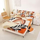 Homewish Juego de sábanas minimalistas abstractas de mediados de siglo con diseño de hojas bohemias, color naranja y dorado, ropa de cama moderna geométrica, juego de sábanas estéticas bohemias, 4