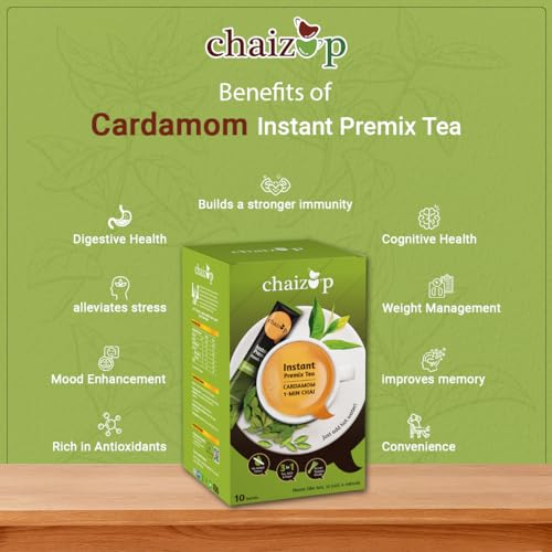 Image of Chaizup Premium 1 Min Instant Cardamom Tea Premix | Kadak Elaichi Chai | Ready to Drink | 14g Per Serve | 10 Sachets (140g)