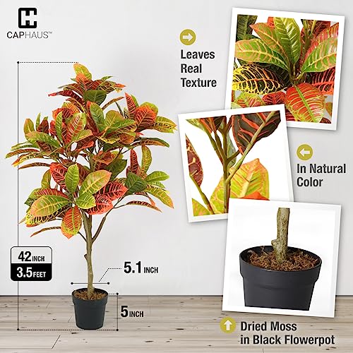 Fencer Wire 42 Inch Artificial Topiary Croton Tree, UV Resistant Artificial Outdoor Plants, Faux Bushes and Shrub, Fake Trees in Pot with Dried Moss, Artificial Plants for Front Porch, Indoor, Outdoor