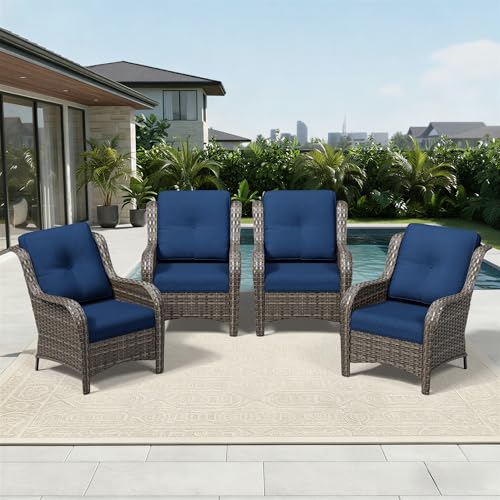 Image of Joyside 4 Piece Wicker Patio Furniture Set, Rattan Patio Chairs with High Back, Deep Seating, Wide Armrest, Thickened Cushions, Outdoor Furniture for Deck, Porch Use
