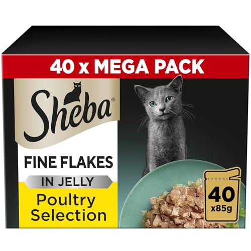 Sheba Fine Flakes in Jelly – Poultry Collection – Wet cat food pouches for adult cats – 40x85g pack