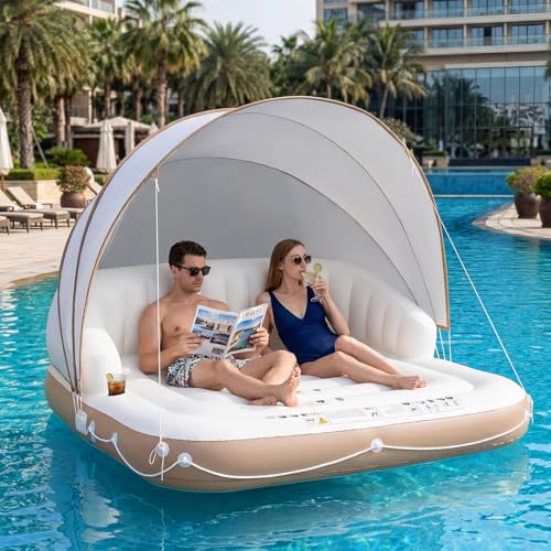 Giantex Canopy Island Inflatable Lounge, Floating Island Raft w/SPF50+ Retractable Detachable Sunshade, 71' x 71' Inflatable Pool Float Canopy w/2 Cup Holders Backrest Armrest for Pool Lake River