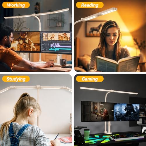 Image of Adjustable LED Desk Lamp with Clamp, 4-Head Eye-Caring CRI95+ Desk Light, Stepless Dimming & Color Temp Remote Control, Flexible Neck, 5-Mode for Reading, Computer, Crafting, 90 inch Wide Desk Coverage