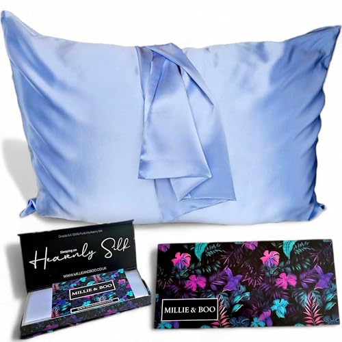 Millie & Boo Federa in seta biologica da 22 momme, per capelli e pelle, 50 x 75 cm, con chiusura a cerniera e confezione regalo, federa di lusso da donna, grado 6A (azzurro)