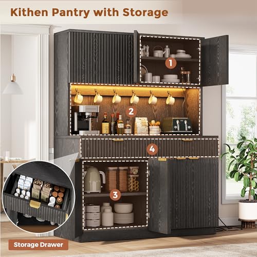 Image of Fluted Kitchen Pantry Storage Cabinet with Charging Station /LED Light /Drawer /Doors /Shelves, 71'' Tall Kitchen Food Hutch with Microwave Stand for Dining Room Living Room (Black, 47*15.7*71)