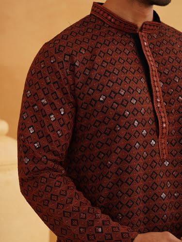 Image of SOJANYA Men's Coffee Brown Cotton Blend Kurta with Intricate Embroidery & Subtle Sequin Work