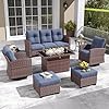 Layinsun 7 pieces patio furniture set with swivel chairs rattan wicker rocking glide chairs with 44 propane gas fire pit table conversation set  urban country home decor