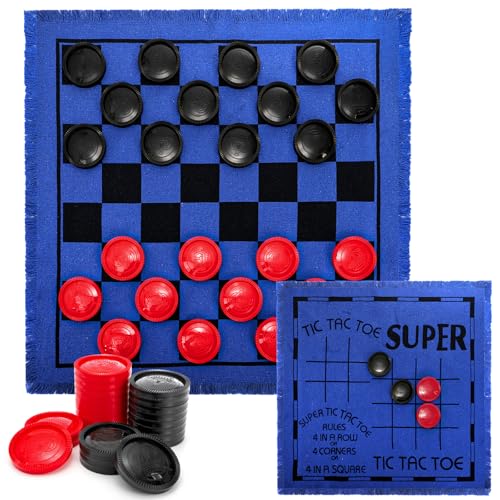 Yarlung Giant Checkers Set Tic Tac Toe Game 3 in 1 Jumbo Checkers Game Board for Family Camping Yard Lawn Games 2 Players Blue Reversible Rug
