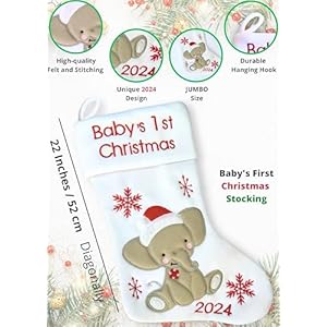 Hearts Sign Babys First Christmas Stocking 2024 Elephant Design White Christmas Decor My First Christmas Decor Ornament 2024 Newborwn Xmas Decor White