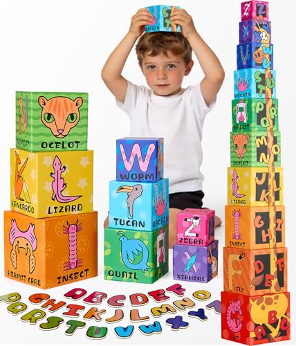 Atoylink Blocs à Empiler avec Alphabet Magnétiques pour Bebe, Jouet Bebe Montessori avec Lettres ABC & Chiffres & Animaux, Cubes de Tri et de Rangement...