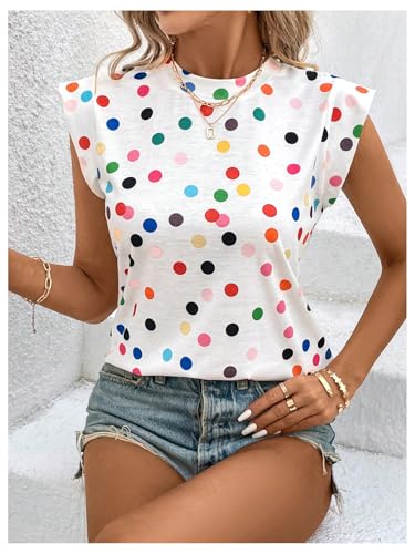 Floerns Women's Polka Dots Print Crew Neck T Shirts Cap Sleeve Summer Tee Shirt4