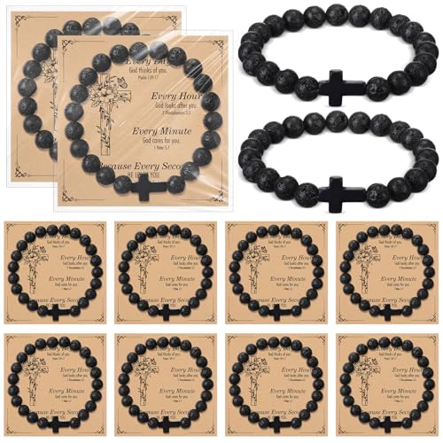 Highergo 12 Sets Christian Cross Beaded Bracelets for Men Women Natural Stone Bead Religious Inspirational Bracelet Pastor Church Gift