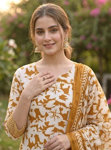 Image of Women's Cotton Printed A-Line Kurta Pant & Dupatta Set | Floral A Line Kurta with Pants | 3 Piece Ethnic Suit Set | Daily, Office & Casual Wear | Co-Ord Set