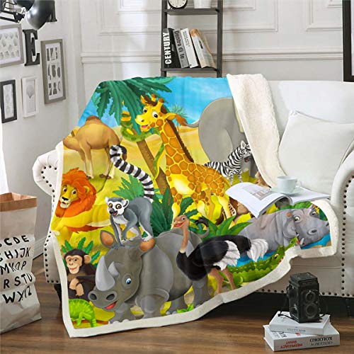 Giraffe Fleece Blanket Lemur Rhino Lion Sherpa Blanket Cartoon Safari Animals Blanket Throw For Kids Boys Girls Elephant Hippo Camel Snake Jungle Zoo Fuzzy Blanket Twin 60"X80" Child Room Sofa Decor #TOP29