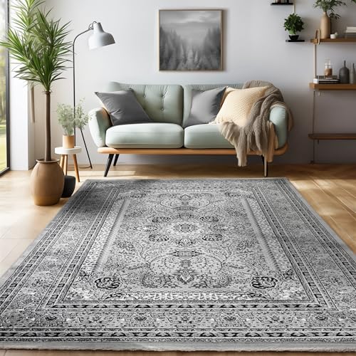 SIMPEX Orientalischer Teppich Wohnzimmer, Schlafzimmer, Esszimmer, Läufer, Flur Boho Teppich Kurzflor Weich 12 mm Carpet Orient, Grau, 80 x 150 cm