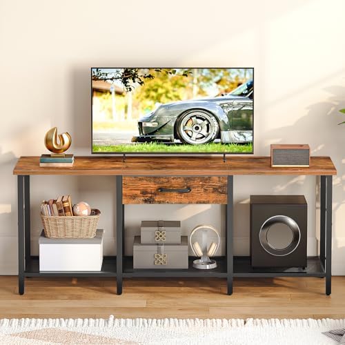 HOOBRO TV Stand with Fabric Drawer & Open Shelves, Entertainment Center for TVs up to 55", Industrial TV Media Console Table with Storage, for Living Room, Bedroom, Rustic Brown and Black BF125DS01 — view 7