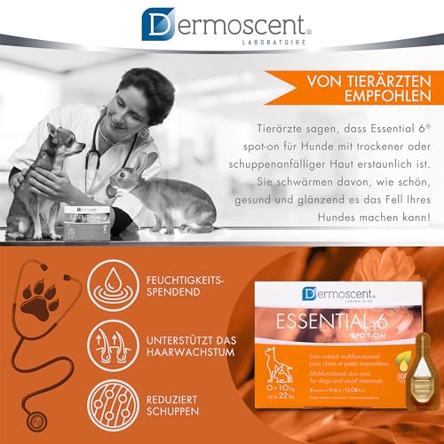 Dermoscent Essential 6 Spot-On | 4 x 0,6 ml | Für kleine Hunde, Katzen und Kleintiere | Kann zur Linderung von Juckreiz beitragen | Mit Vitamin E | Mühelose Anwendung