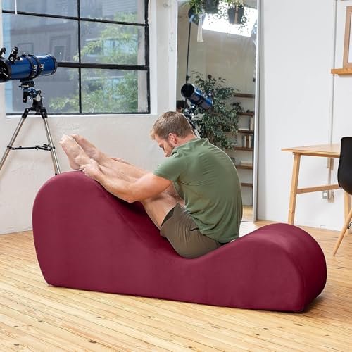 Image of Dime Store Luxury Wooden Frame Fully Leather Tantric Chaise Lounge Sofa - Ergonomic Curved Design for Yoga, Relaxation & Intimacy (Maroon)