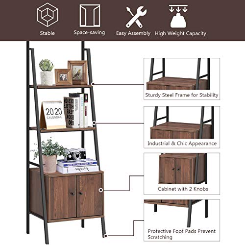 Tangkula 3 Shelf Ladder Bookshelf, Freestanding 3-Tier Wooden Bookcase with Doors, Multifunction Display Shelf, Plant Stand, Decor Furniture for Home Office (1, Walnut)