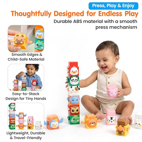 Image of Kidology 6 PCS Animal Stacking Cubes Set | Pressable Montessori Learning Blocks for Toddlers 1+ Years | Sensory Stacking Sorting & Plugging Toys | Travel Friendly Educational Gift for Boys & Girls