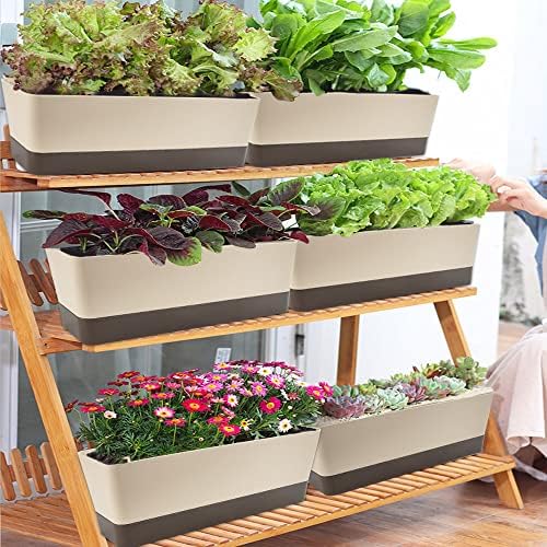 STCRERAG Succulent Plant Pot,2 Pcs Watering Planter Pot Rectangle with Drainage Holes and 2 Pcs Seedling Transplanter Long Shallow Pot for Bay Window,Kitchen Windowsill,Shelf,Coffee Table(Plastic)