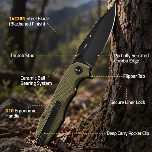 CVLIFE Folding Serrated Pocket Knife, 3.26" 14C28N Steel Blade, OD Green - image 6