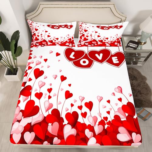 Homemissing Juego de sábanas con diseño de corazón para niños y niñas, tamaño King, sábana bajera ajustable ultra suave con diseño de corazón rojo, juego de ropa de cama para el día de San Valentín