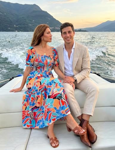 Image of ZESICA Women's 2026 Summer Boho Floral Print Dress Square Neck Ruffle Swing Beach Vacation Long Maxi Dresses
