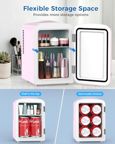 Image of Electactic Mini Fridge for Skincare, 4L /6 Cans Portable Compact Cosmetic Fridge, Retro Desktop Fridge with AC /DC Adapters, Small Cooler and Warmer for Beverage, Makeup, Bedroom, Office, Kids, Pink