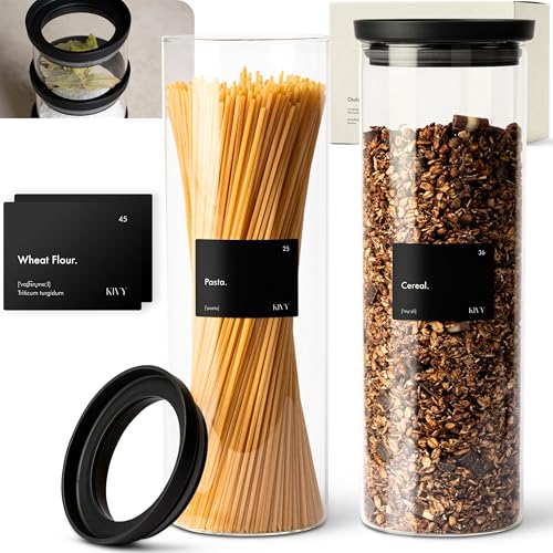 KIVY Tarros de almacenamiento con tapa de cristal transparente [2 x 1800 ml] herméticos frascos de pasta con tapa – Almacenamiento de cereales – Almacenamiento de espaguetis – Lata grande para vasos
