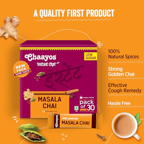 Image of Chaayos Instant Tea Premix - Masala Flavour - Low Sugar (12g * 30 sachet) (Makes 150ml), Masala Tea Powder, Premix Tea, Masala Chai, Desi Chai