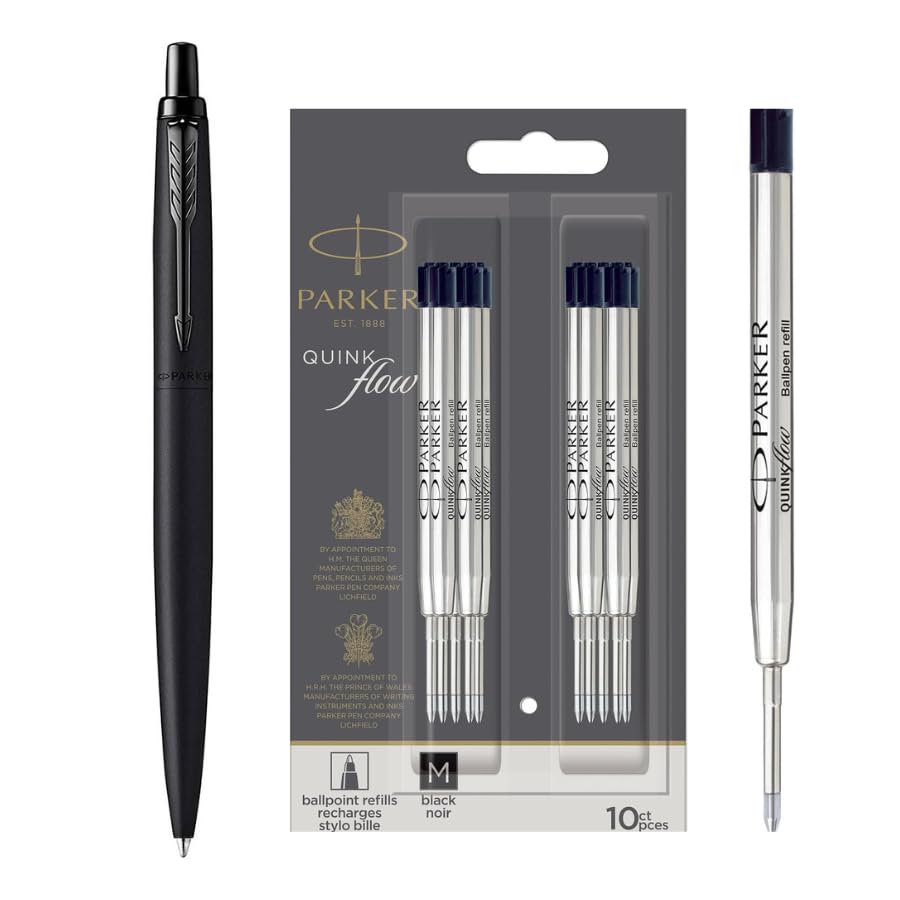 Parker Bolígrafo Jotter XL | Negro mate monocromático | Punta media | Tinta azul | Caja de regalo | Juego con 10 recambios de tinta negra QUINKflow