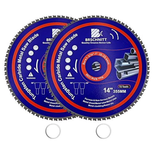 14" Metal Cutting Circular Saw Blade - BRSCHNITT 2pcs Tungsten Carbide Tipped TCT Saw Blades for Iron, Iron Pipe, Ferrous Metals 72T Arbor:1-3/16"/1"